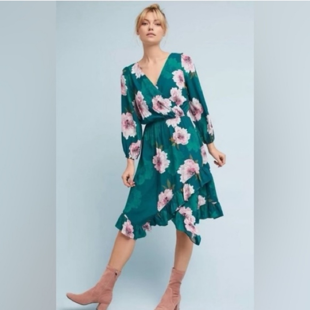 Anthropologie Plenty by Tracy Reese Aleah Floral Print Green Wrap Dress Medium